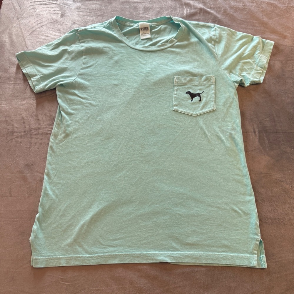PINK Victoria's Secret Women T-Shirt S Mint Green Pocket Back Logo Casual Preppy